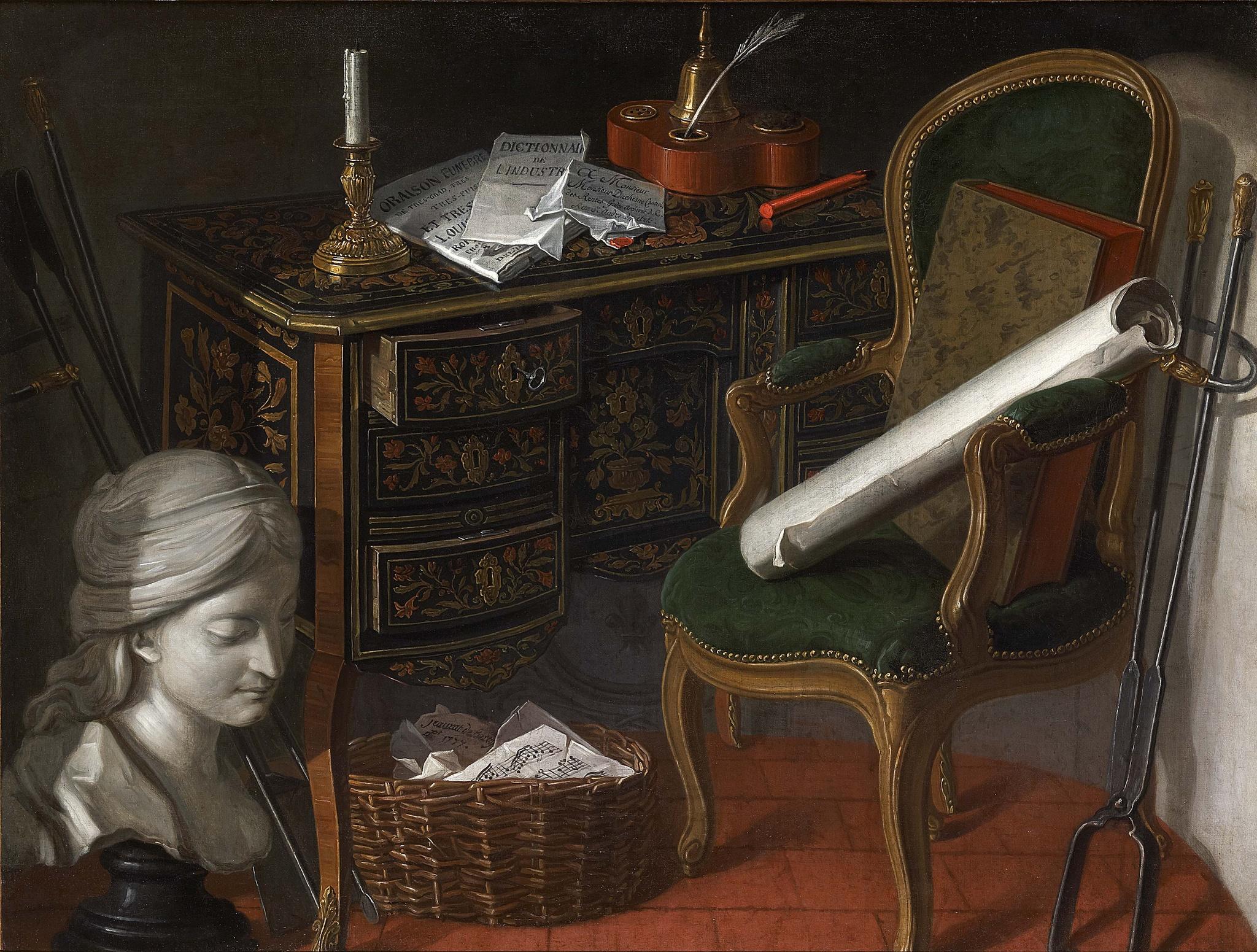 Still Life with a Bust of a Woman by a Wicker Basket Filled with Sheet Music, a Writing Desk with Inkwell and a Chair